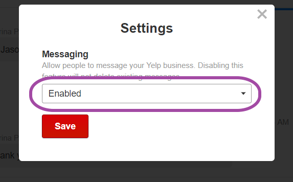 yelp messaging settings