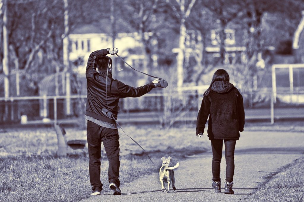 people walking dog